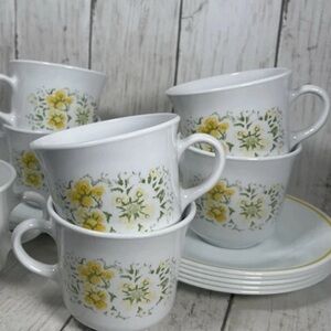 6 Piece Corelle by Corning APRIL YELLOW FLOWERS Tea Coffee Cups Mugs & Saucers